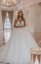 A-Line V-neck Spaghetti Straps Tulle Lace Open Back Long Wedding Dresses